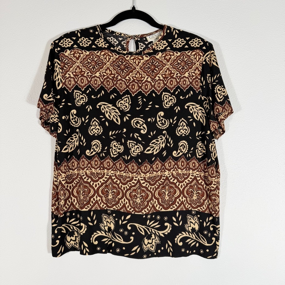 GEMILLI Vintage Boho Short Sleeve Keyhole Brown Black Button Blouse Small